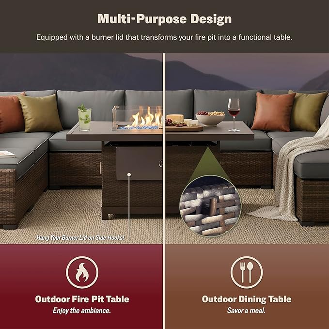 52 Inch Outdoor Fire Pit Table 50000 BTU Propane Fire Pits with Wind Guard and Fire Glass CSA Certified Patio Fire Table Rectangular Aluminum Rattan Fire Table for Outside Patio Backyard Brown