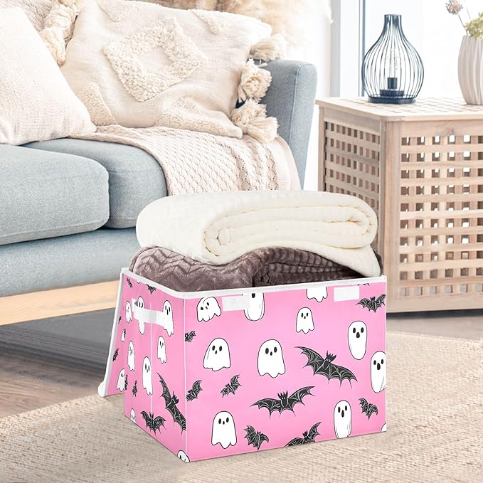 Storage Cube with Lid Halloween Bats Print 16.5×12.6×11.8 IN Collapsible Large Capacity Foldable Storage Basket Bin Organizer