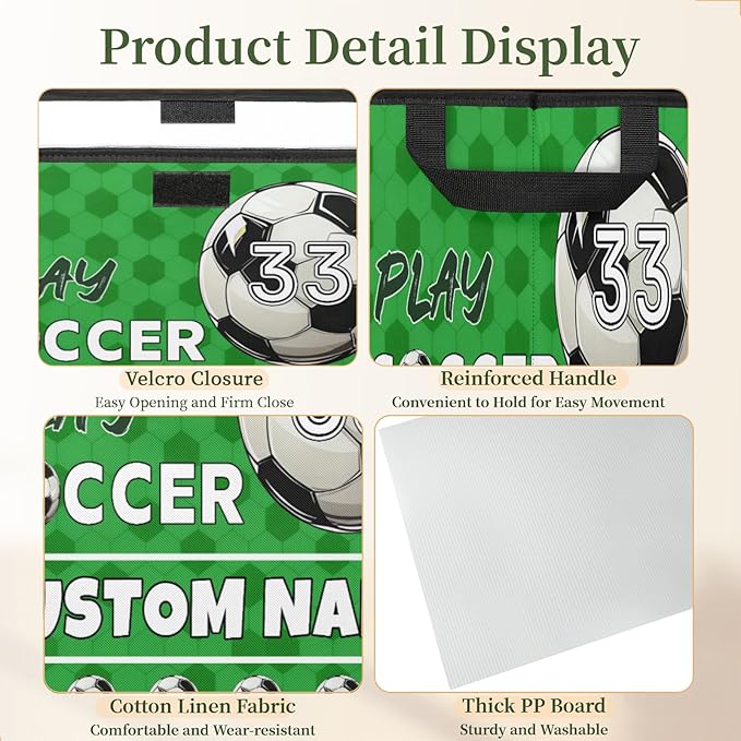 Soccer Custom Storage Bins with Lid Foldable Fabric Personalized Storage Basket Box with Handle Storage Organizer Container for Home Bedroom Closet
