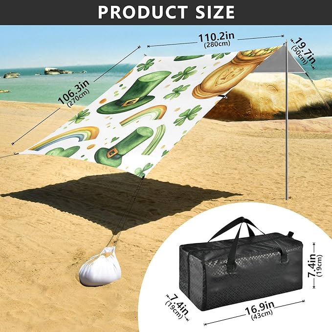 xigua St. Patrick's Day Beach Tent Sun Shelter with Carrying Bag - Silver Coated Oxford Fabric Beach Canopy for Beach Camping Fishing - Includes Windproof Ropes Sandbags &amp Stakes