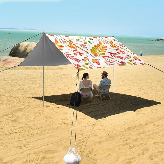 Beach Canopy with Windproof Ropes &amp Sandbags Beach Tent Sun Shade Sun Shelter for Camping Trips Fishing Backyard Fun or Picnics Autumn Leaves