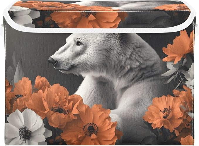 AIXIWAWA Lidded Storage Cube (Polar Bear Flower) Fabric Foldable Closet Bins with Flip Lid and Handles Organizer Basket Container 16.5 x 12.6 x 11.8 IN