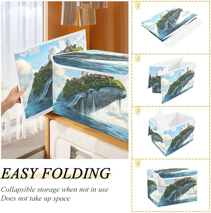 Storage Cube with Lid Surreal Whale Print 16.5×12.6×11.8 IN Collapsible Large Capacity Foldable Storage Basket Bin Organizer