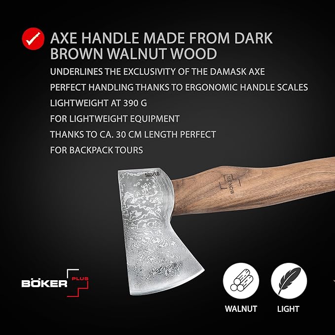 BÖKER PLUS® Appalachian Axe Damascus - Premium - Damascus Blade - with Damascus Head 360 Layers - Bushcraft Camping Hunting Outdoor &amp Survival - with Wooden Handle nut &amp Leather Sheath