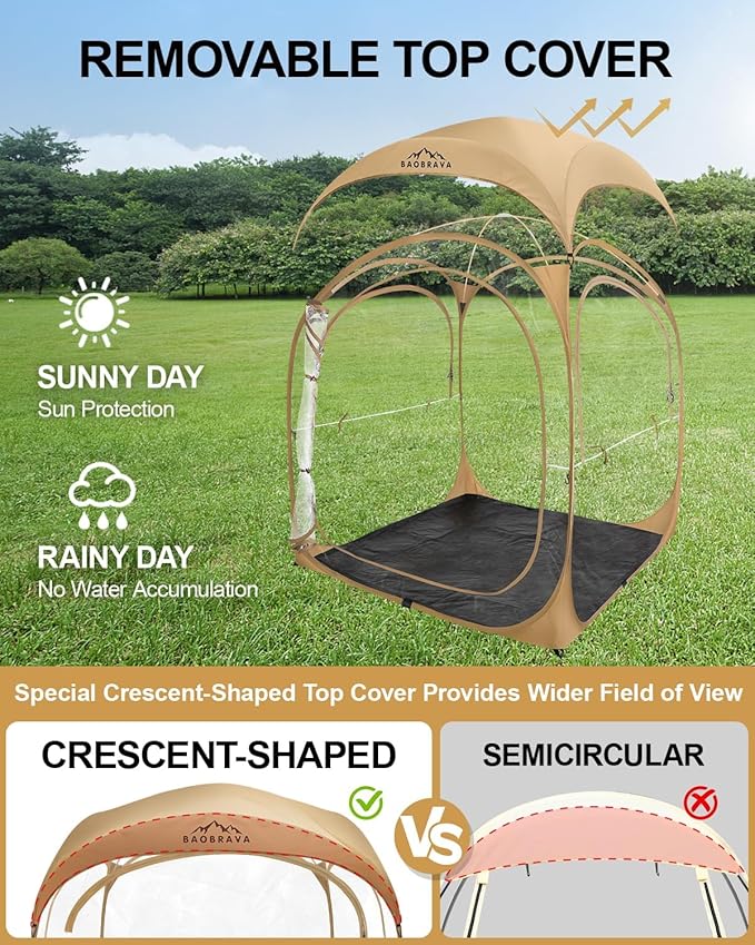 Baobrava Pop Up Sports Tent - Thick PVC Scratch-Resistant Bubble Clear Tent Instant Weather Proof Pod with Extra Top Cover for Soccer Football Games Outdoor Events 1-2 Person