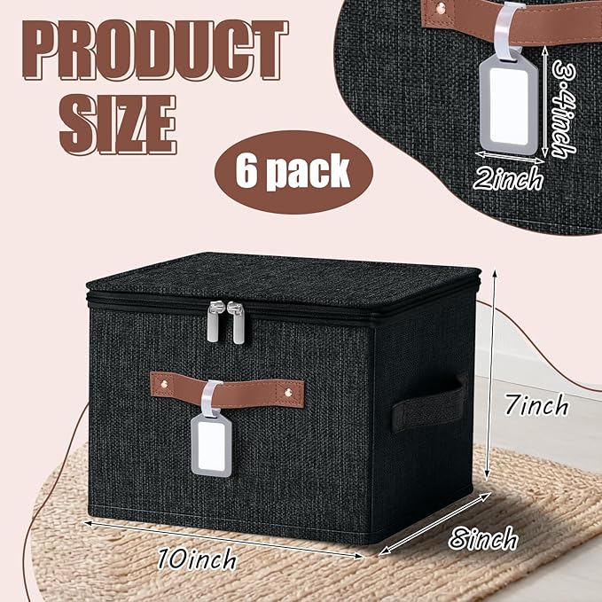 6 Pack Fabric Closet Storage Bins with Zipper Lids and Label 10×8×7In Large Size Foldable Cotton Linen Storage Cubes Boxes with PU Leather Handles Holders for Bedroom Shelf Nursery Black