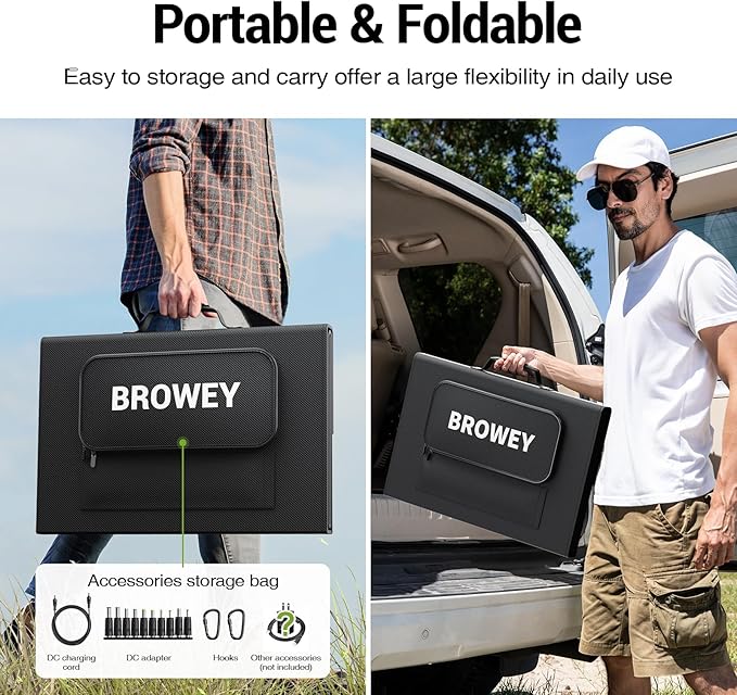BROWEY 120W Portable Solar Panel for Power Station USB/Type-C/DC Outputs Foldable with Adjustable Kickstand IP68 Waterproof High Efficiency Solar Charging for Camping &amp Emergency Power Supply