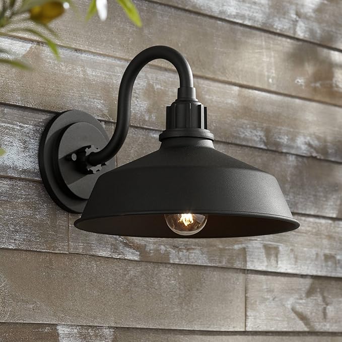 Franklin Iron Works Arnett Rustic Urban Barn Outdoor Wall Light Fixture Smooth Black Aluminum 10 1/2 Gooseneck Arm for Exterior House Porch Patio Outside Deck Garage Yard Front Door Garden Home