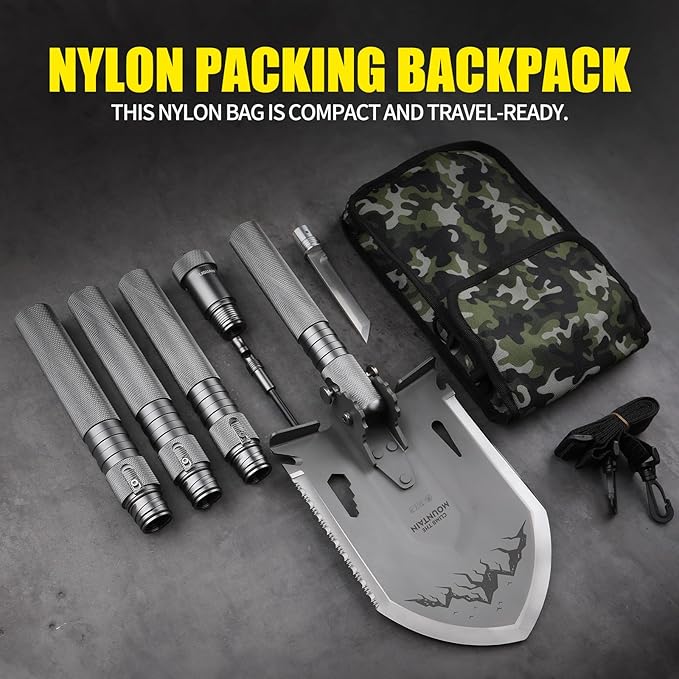 13-in-1 MultitoolFolding ShovelHeavy Duty 3Cr13Mov Steel Multi-Purpose Camping Shovel for Off-Road Gardening Beach Snow Digging &amp Emergency Use with Aluminum Handle and Carry Bag