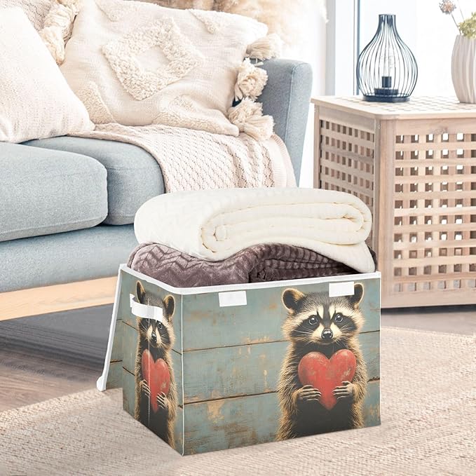 Storage Cube with Lid Wood Raccoon Print 16.5×12.6×11.8 IN Collapsible Large Capacity Foldable Storage Basket Bin Organizer