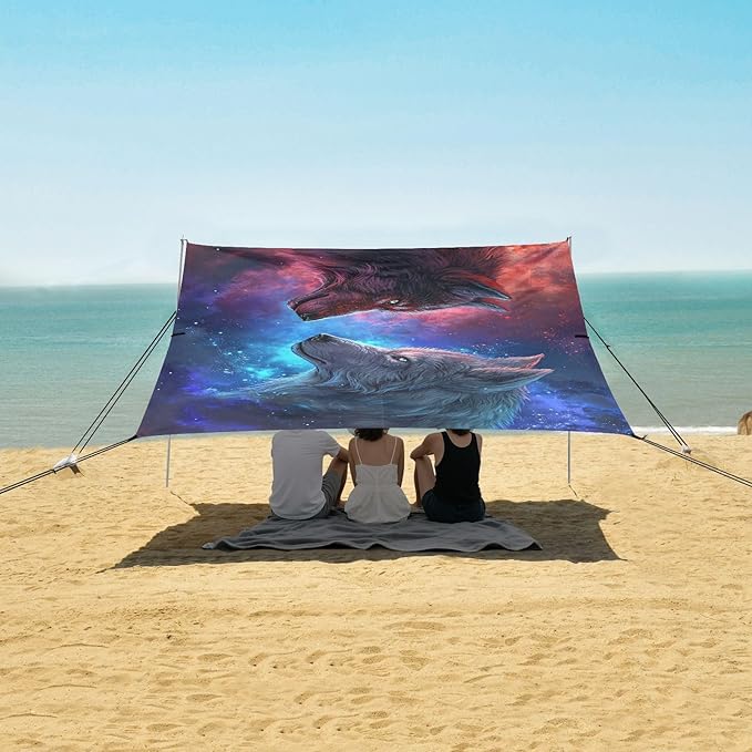 ALAZA Wolves in Galaxy Beach Tent Sun Shelter UPF50+ Protection Beach Shade Canopy w/ 4 Sandbags for Outdoor Camping Fishing Backyard Fun Picnic 10x9 ft