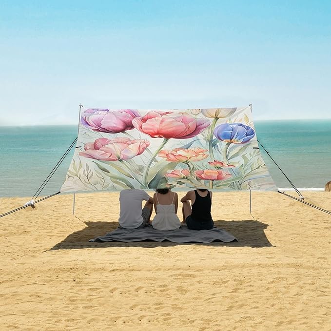 ALAZA Garden Flowers Rose Tulips Watercolor Leaf Beach Tent Sun Shelter Portable Canopy Sunshade for Outdoor Camping Picnics Backyard Fun 10x9 ft