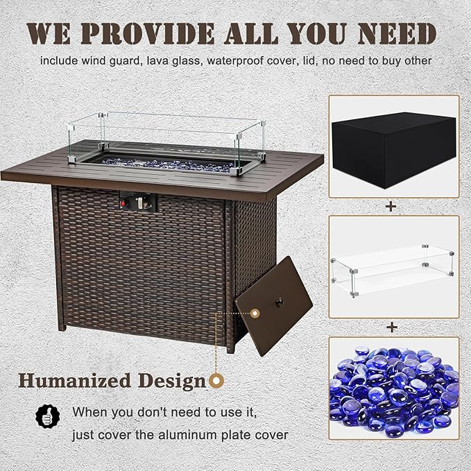 Propane Fire Pit Table44 Inch 55000 BTU Outdoor Gas Fire Pit Rectangular with Glass Wind Guard for Outside Patio Deck (Brown-Aluminum Top)