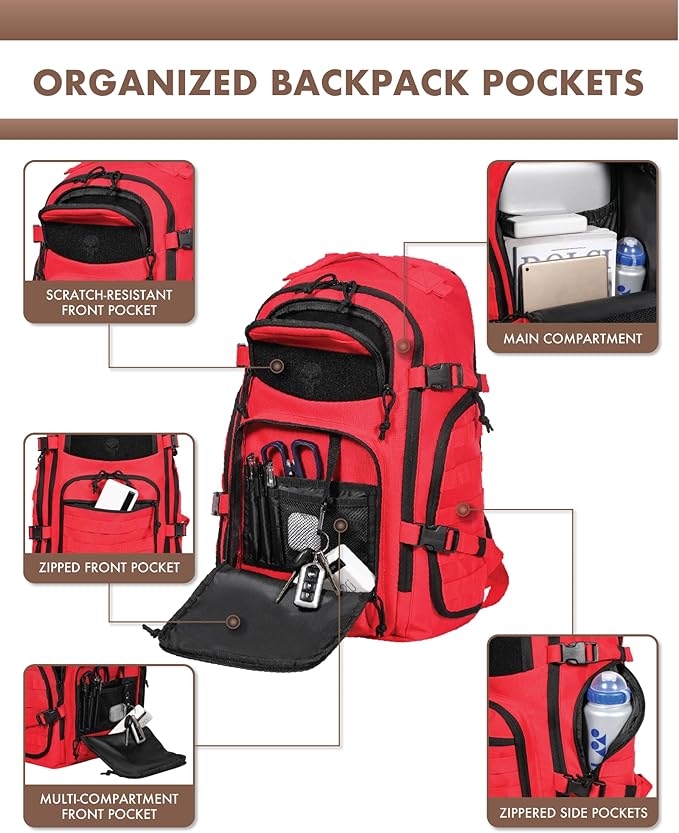 TRAILKICKER Military Tactical Backpack for Men 35L Tactical Laptop Backpack Tactical Bag Bug Out Bag Army 3 Days Assault Pack - Red