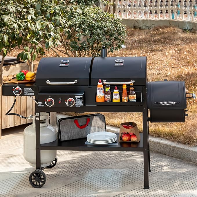 2-Burner Gas and Charcoal Grill Combo with Offset Smoker &amp Side Burner 34000 BTU Dual Fuel Grill 1020 Sq. In. Cooking Area Ideal for Outdoor Cooking Black ZH3005Y-SC