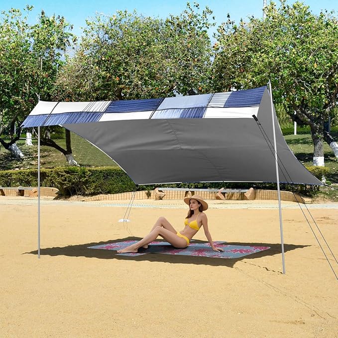 Cornflowerblue Checked Hand-Drawn Sketch Stable Beach Tent UPF50 Lightweight Portable Sun Shelter with Sandbags Sand Shovel Poles for Backyard and Camping