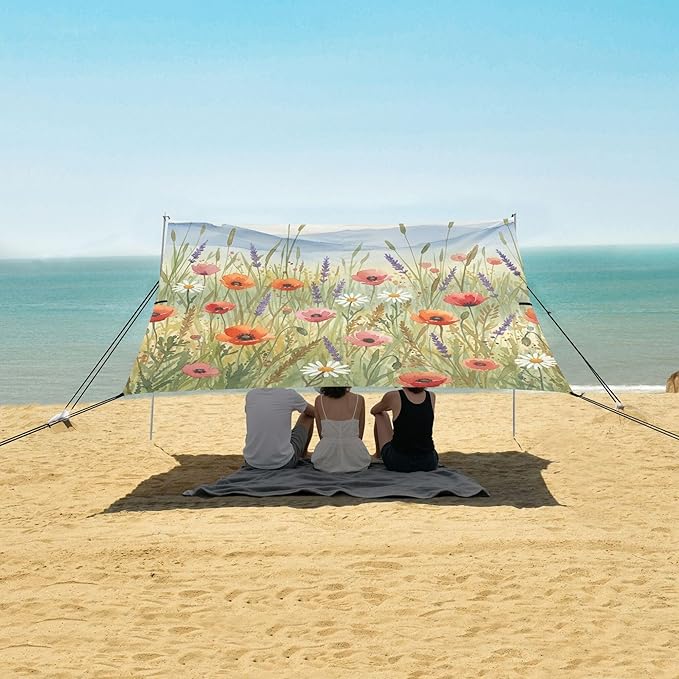 Wildflowers Beach Canopy Sun Shelter with Sandbags &amp Sand Shovel &amp Windproof Ropes - Portable 110x126 Beach Shade Beach Tent for Camping Picnics