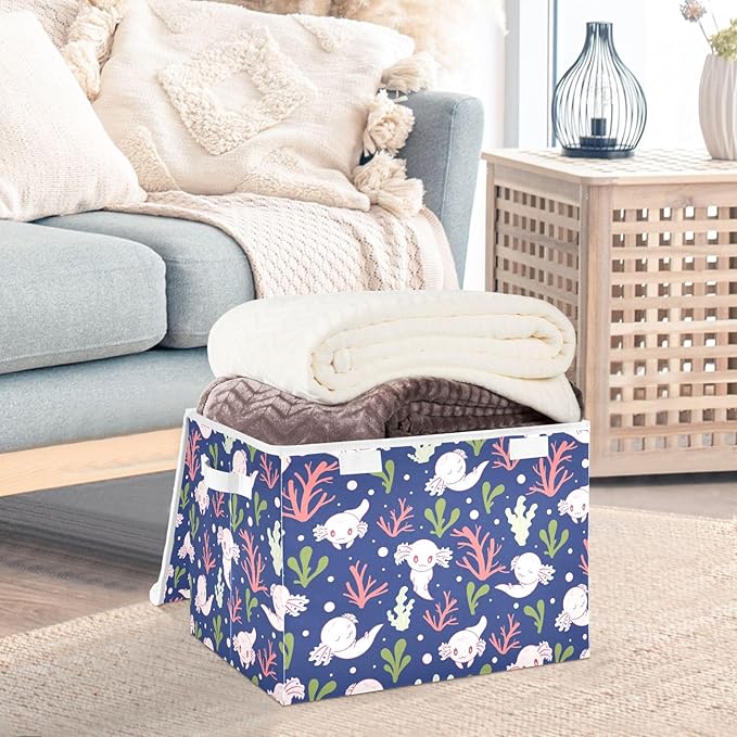 Storage Box Cute Axolotl Salamander Closet Storage Bins with Lids Foldable Oxford Fabric Storage Box for Home Bedroom Closet Office (16.5x12.6x11.8 in)