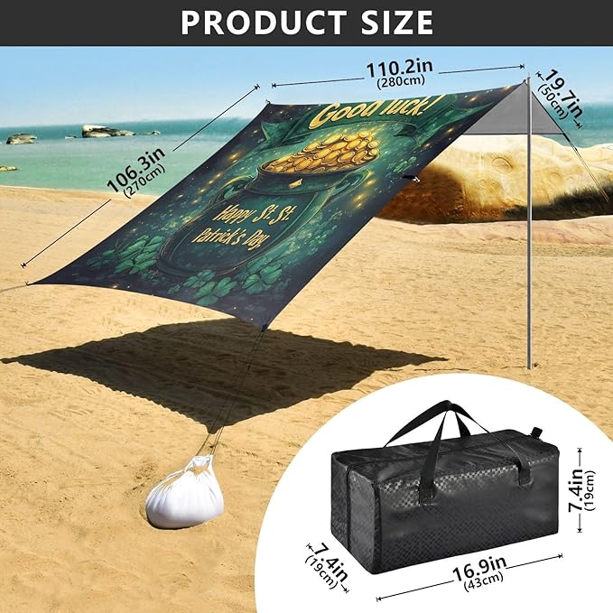 St Patrick's Day Coin Pot Beach Tent Sun Shelter Set UPF50+ UV Protection 10.5 x 9.19 FT Camping Shade Canopy with Sandbags Sand Anchors Carrying Bag and Others