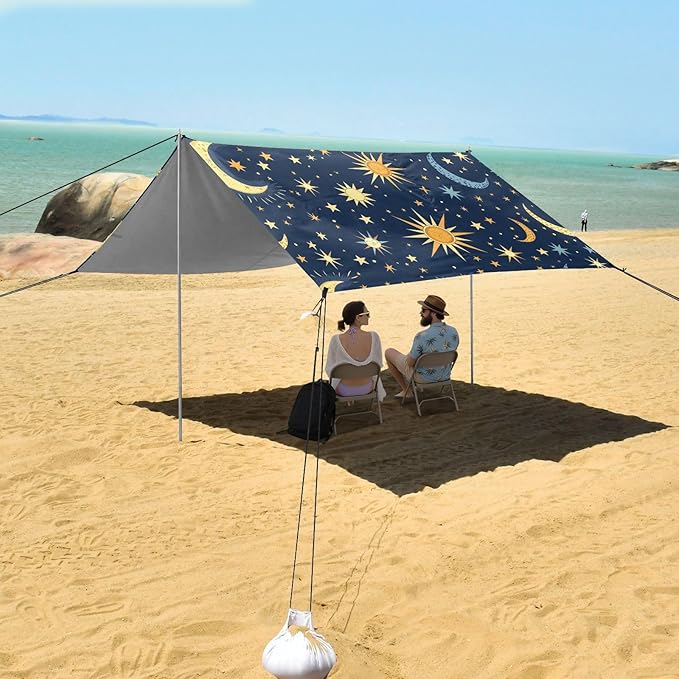 ALAZA Sun Moon Star Starry Sky Beach Tent Sun Shelter UPF50+ Protection Beach Shade Canopy w/ 4 Sandbags for Outdoor Camping Fishing Backyard Fun Picnic 10x9 ft