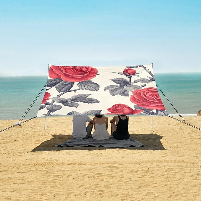 ALAZA Botanical Rose Red Flower Beach Tent Sun Shelter Portable Canopy Sunshade for Outdoor Camping Picnics Backyard Fun 10x9 ft