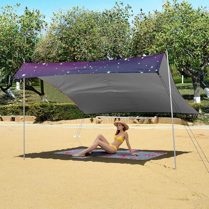 Beach Canopy with Windproof Ropes &amp Sandbags Beach Tent Sun Shade Sun Shelter for Camping Trips Fishing Backyard Fun or Picnics Tree