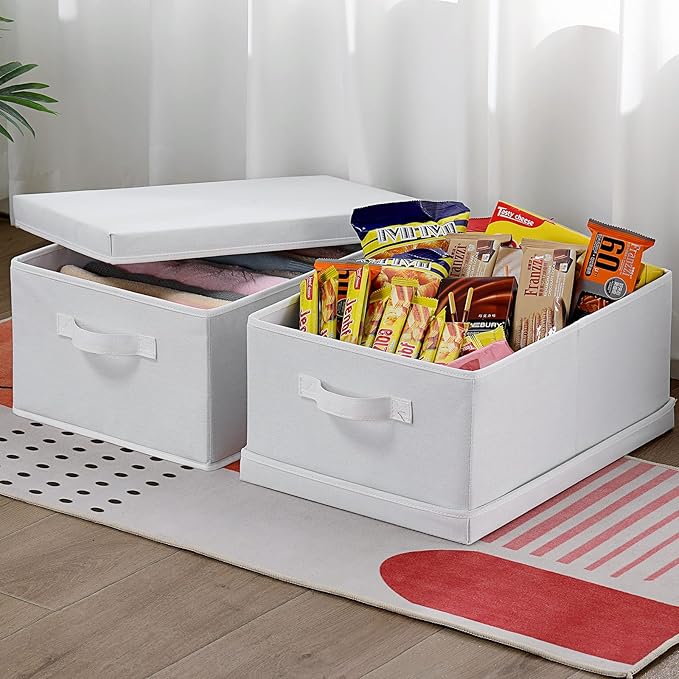 HOONEX Storage Bins with Lids for Organizing Pack of 2 Storage Boxes with 2 Carrying Handles and Sturdy Heavy Cardboard 16.5 L x 11.8 W x 7.5 H for Shoes Books Clothes Nursery White