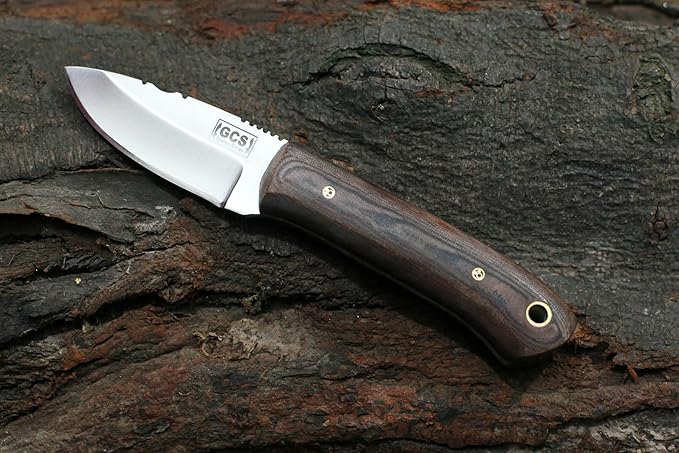 GCS Handmade D2 Tool Steel Custom Survival Hunting Skinning Camping Knife with Brown Leather Right Hand Front Cross Draw Fixed Blade Knife Sheath GCS264 (Black Micarta Handle No Bolster)