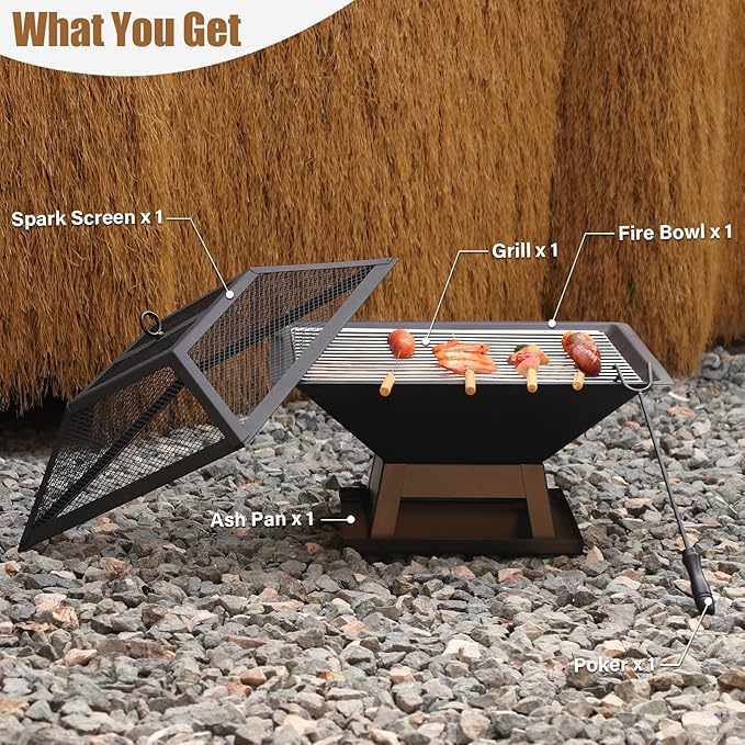 19.8inch Portable Small Fire Pit with a Removable Ash Pan Fire Poker Mesh Lid 2 in 1 Square Outdoor Fireplace for BBQ Outside Heating Bonfire Party Camping Backyard Patio RV Trip
