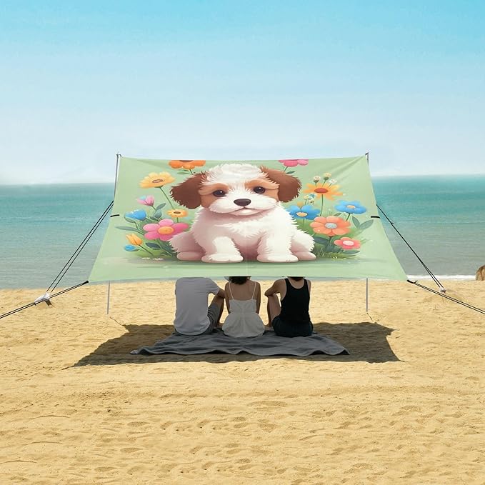 xigua Dog Beach Tent Sun Shelter with Carrying Bag - Silver Coated Oxford Fabric Beach Canopy for Beach Camping Fishing - Includes Windproof Ropes Sandbags &amp Stakes