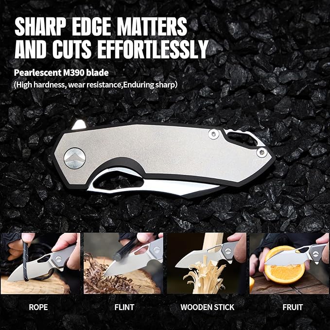 Folding Pocket Knife With Clip - M390 Steel Titanium Handle for EDC Camping Hiking Survival Hunting - Sheath Included Gifts for Men (Grey)