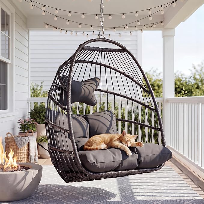 Nicesoul Patio Hanging Egg Chair No Stand Foldable Ceiling Egg Basket Chairs Without Stand Indoor Outdoor 350lbs Egg Shell Swing Hammock Chair with Cushion for Backyard Balcony Outside Dark Grey
