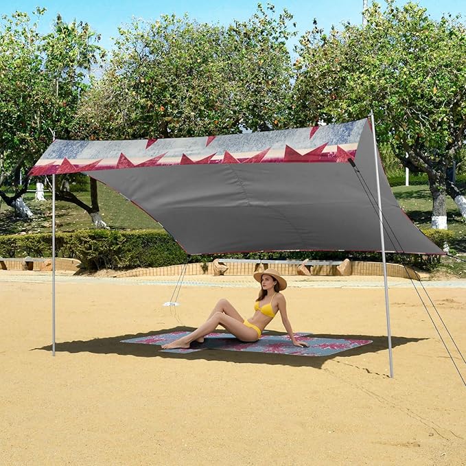 xigua Flag Beach Tent Sun Shelter with Carrying Bag - Silver Coated Oxford Fabric Beach Canopy for Beach Camping Fishing - Includes Windproof Ropes Sandbags &amp Stakes