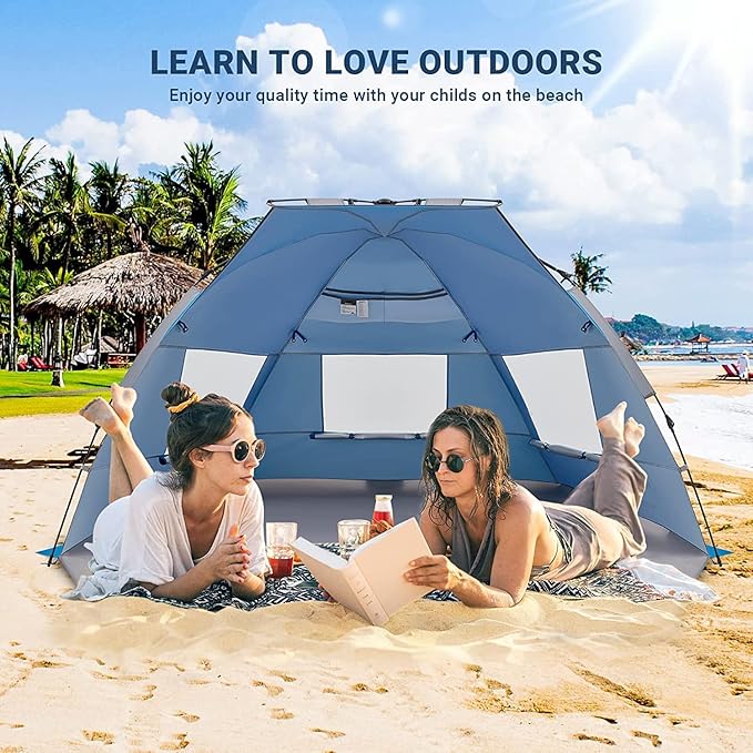 KingCamp Beach Tent Pop Up Shade 10s Easy Set Up Portable Beach Canopy Tent Sun Shelter for 3-4 Person Lightweight Instant Tent with Extendable Floor Beach Outdoor Camping Picnic