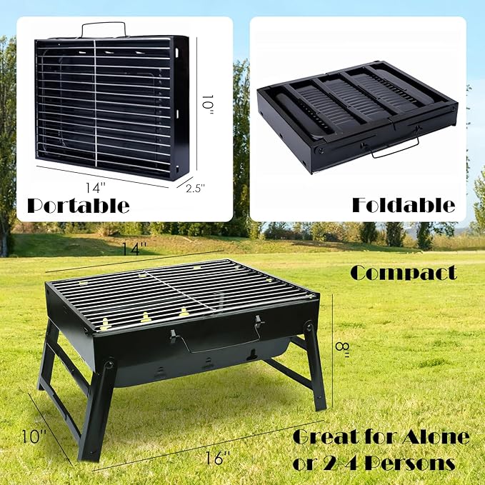 Portable Charcoal Grill for Camping Tailgating Beach Boating Foldable Small Barbeque Grill for Outdoors Lightweight Tabletop BBQ Grill Set with Tongs Gloves Scrubber (14''x10'')