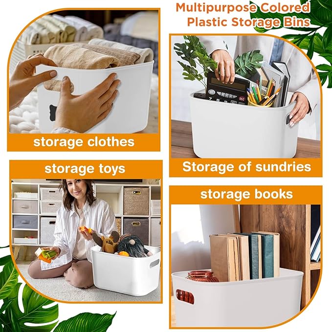 Thyle 12 Pack 7 Quarts Plastic Storage Bins Stackable Baskets with Lid and Handle with Label Colorful Desktop Box Toy Containers for Classroom Shelf Bedroom 10 x 7 x 6 Inch (White)