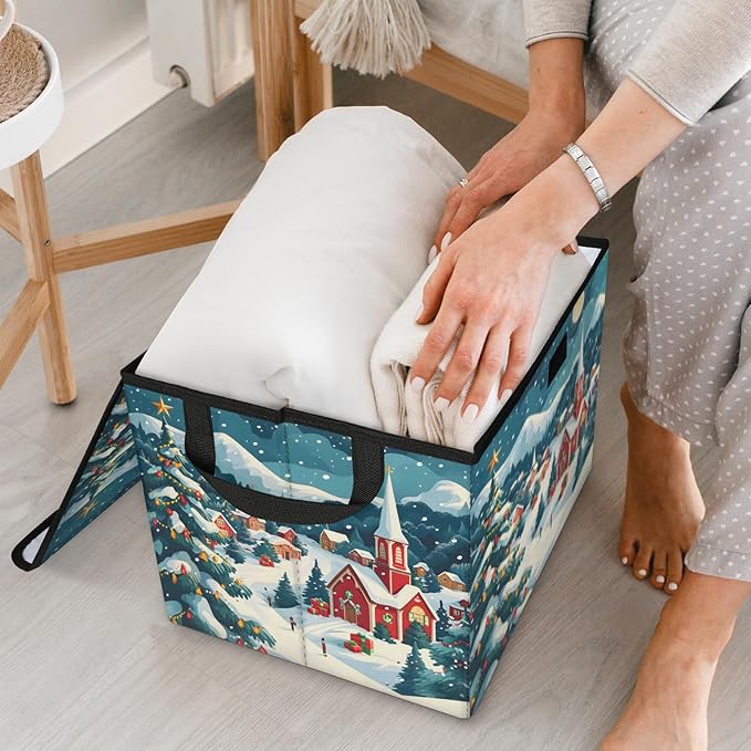 Christmas Xmas Storage Basket with Lid Winter Village Foldable Storage Box Fabric Storage Bins with Carrying Handles for Home Bedroom Closet Organization