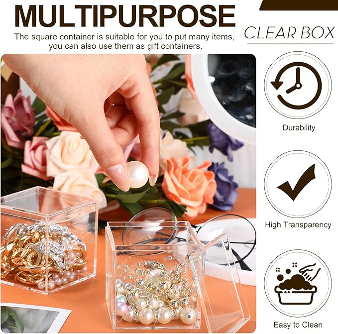 Thyle 100 Pieces Clear Acrylic Box with Lid 2.6 x 2.6 x 2.6 Inch Small Plastic Square Cube Containers Mini Clear Display Box Acrylic Gift Box Storage Box for Candy Pill Tiny Jewelry Gifts