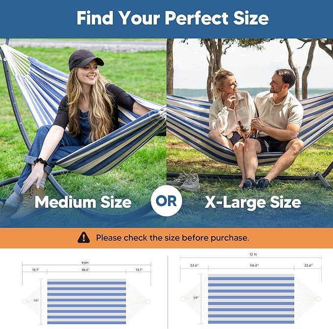SUNCREAT Large Hammocks for Outside Long Replacement Hammock Two Person for Stand Blue White Stripes