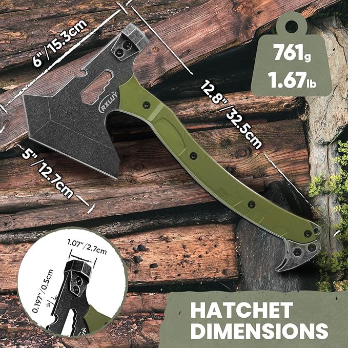 Tactical Axe with G10 Handle Camping Survival Hatchet Multifunctional Hiking Outdoor Heavy Duty Full Tang Tomahawk Tools with Hammer Unique Design Crowbar Leather Sheath (Green)