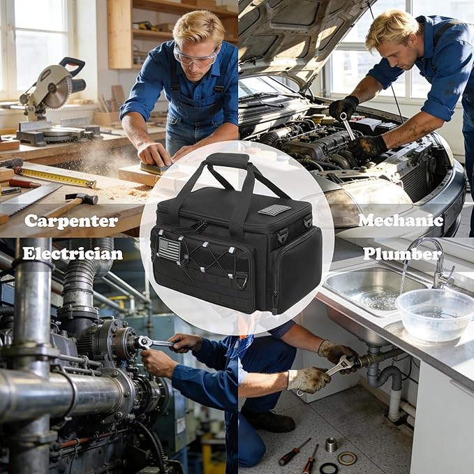 15-Inch Tool Bag Multi-purpose Tool Organizer Bag For Men with Shoulder Strap Tactical Range Bag Work Tote for Repairman Carpenters Handymen (Black)