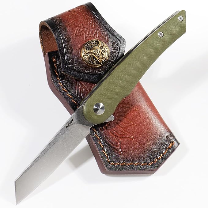 Folding Pocket Knife with Leather Sheath 2.79” 14C28N Steel Blade Micarta Handle Flipper Liner Lock Small EDC Folding Knife Sharp Camping Hunting Outdoor Survival Knives for Men Women (Green)