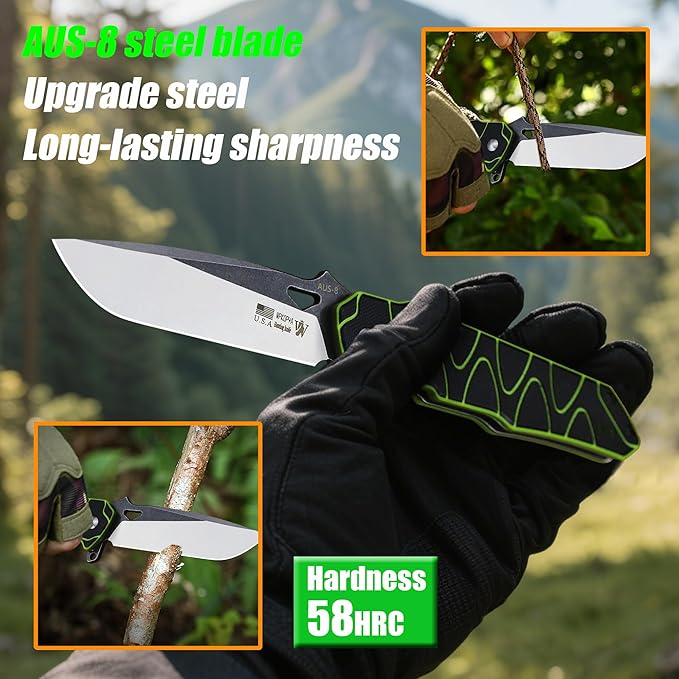 WPKOPYA 8.4in Folding Knife AUS-8 Steel Blade G10 Handle with Anti-Slip Texture Ball Bearing Pivot Stonewashed Finish EDC Pocket Knife for Camping Hiking Survival (AUS-8 (G10 black/green))