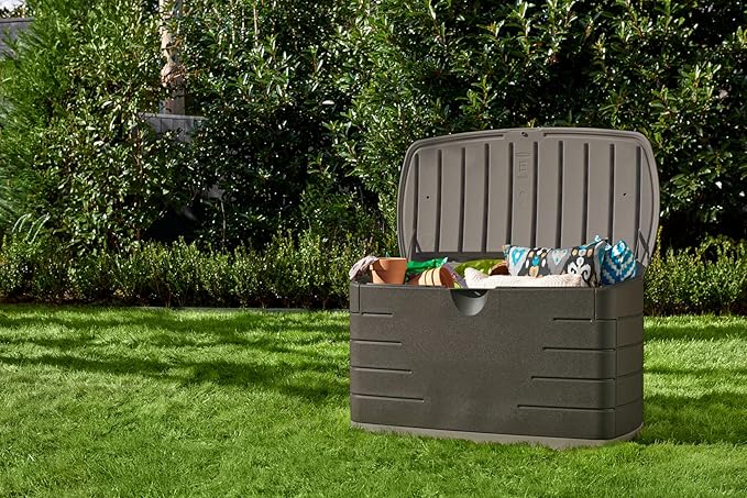 Rubbermaid Medium Resin Outdoor Storage Deck Box (73 Gal) Weather Resistant Brown Deck Organization for Home/Backyard/Pool Chemicals/Toys/Garden Tools/Porch/Patio Cushions