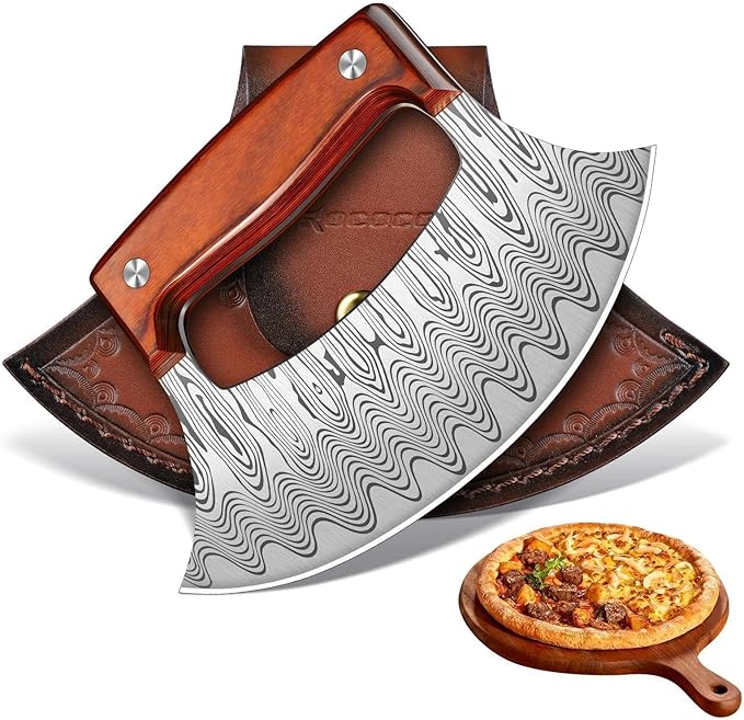 ROCOCO Pizza Cutter Ulu Knife – Full Tang Mezzaluna Rocker Chopper with Sheath for Kitchen Camping BBQ Gifts for Men Women