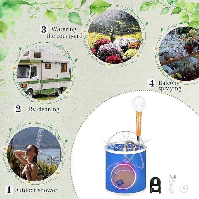Portable Camping Shower Pump Rechargeable Outdoor Shower Head Sprayer Pumps Water from Bucket. for Camping Hiking Travel Pet Cleaning Car Washing