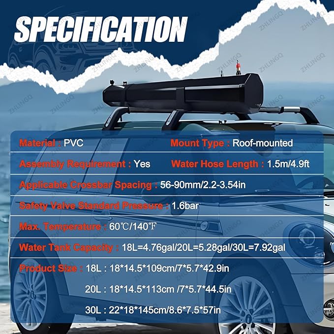 4.8/5.3/7.9 Gallon Roof Rack Mount Road Shower Self-Pressurized Water Tank for Car Shower Roof-Mounted Solar Heating Pressurized Water Tank Camping Shower Water Storage 20L/5.3Gallon