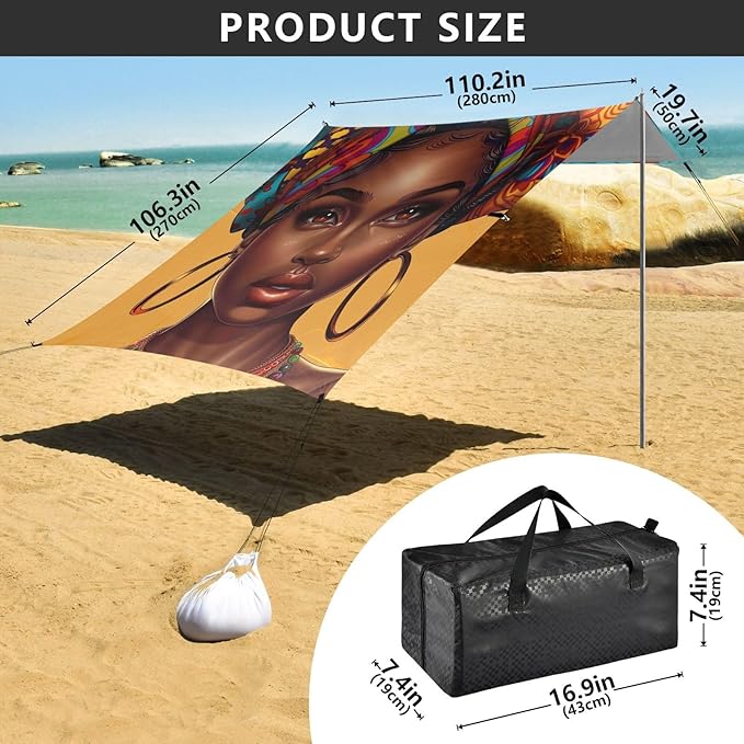 ALAZA Beautiful Black Woman Portrait with African Features Beach Tent Sun Shelter Portable Canopy Sunshade for Outdoor Camping Picnics Backyard Fun 10x9 ft