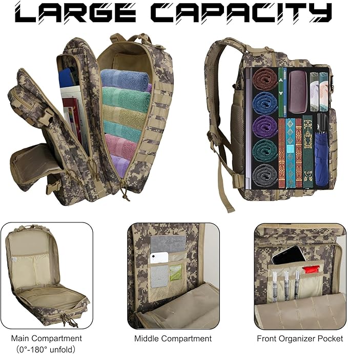 WOLT Military Tactical Backpack for Men 45L Molle Backpack 3 Day Assault Pack Bug Out Bag Heavy Duty Rucksack for Hiking Gym Camouflage Khaki