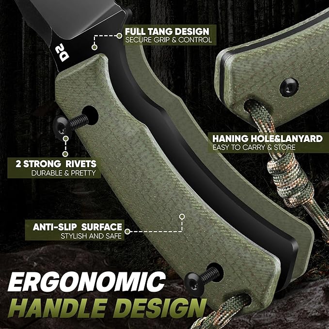 Dream Reach Fixed Blade Knife - D2 Steel Tactical Knife with Ergonomic Full Tang Handle and Kydex Sheath for Outdoor Camping Survival Gift for Men Women Green